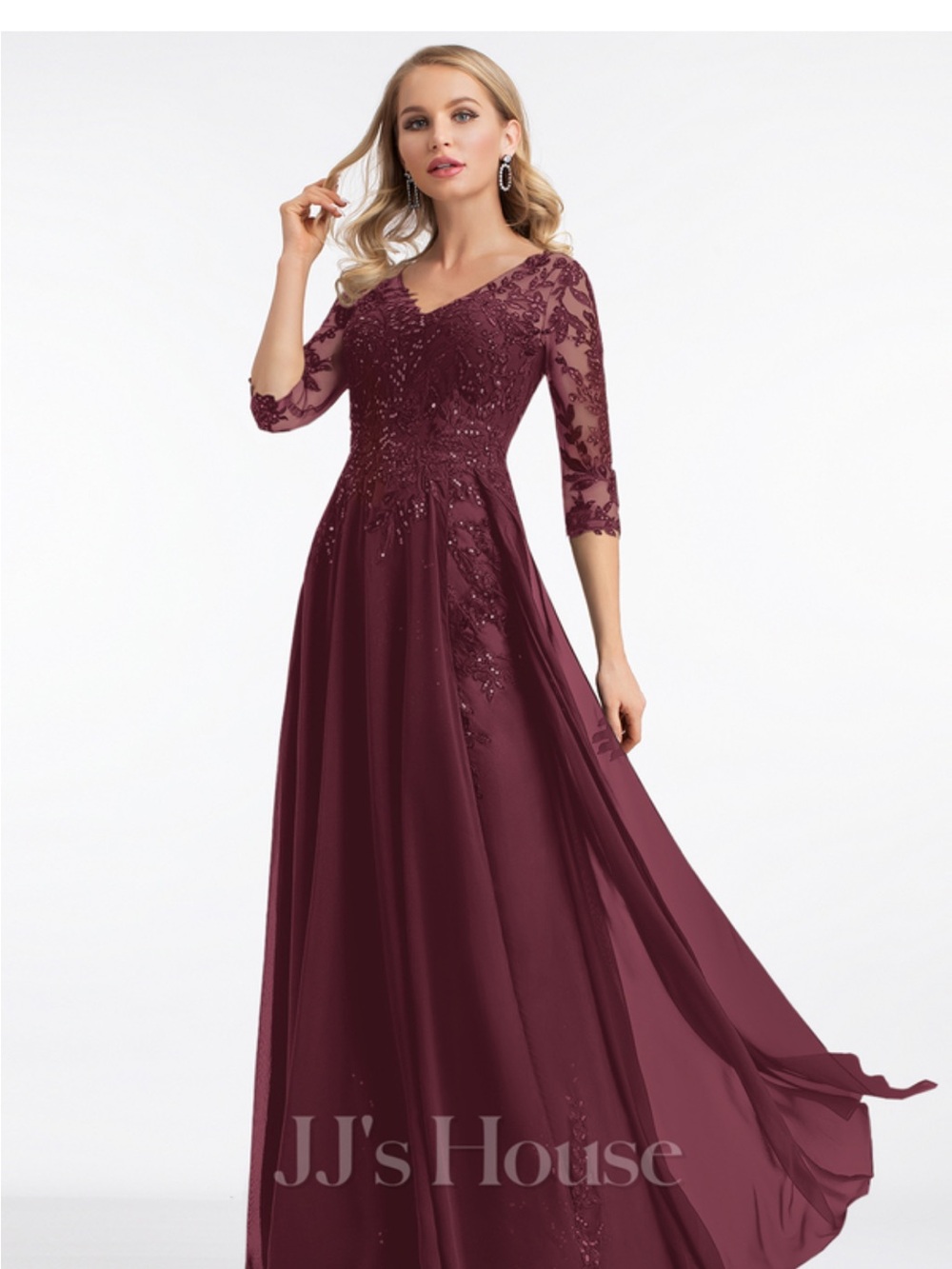 JJs House Burgundy V-Neck Lace A-Line Evening Gown